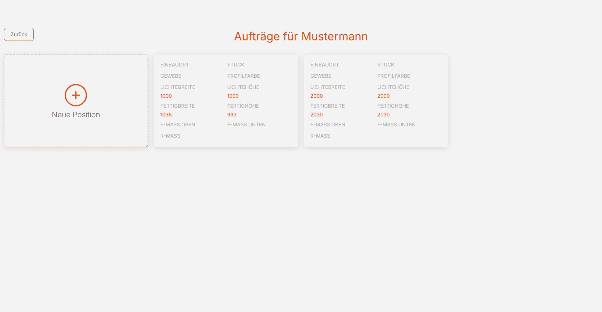 moimes Auftragsboard — Aufträge für einen Kunden mit Positions-Karten und allen Aufmaß-Feldern (Einbauort, Stück, Gewebe, Profilfarbe, Lichte- und Fertigmaße)